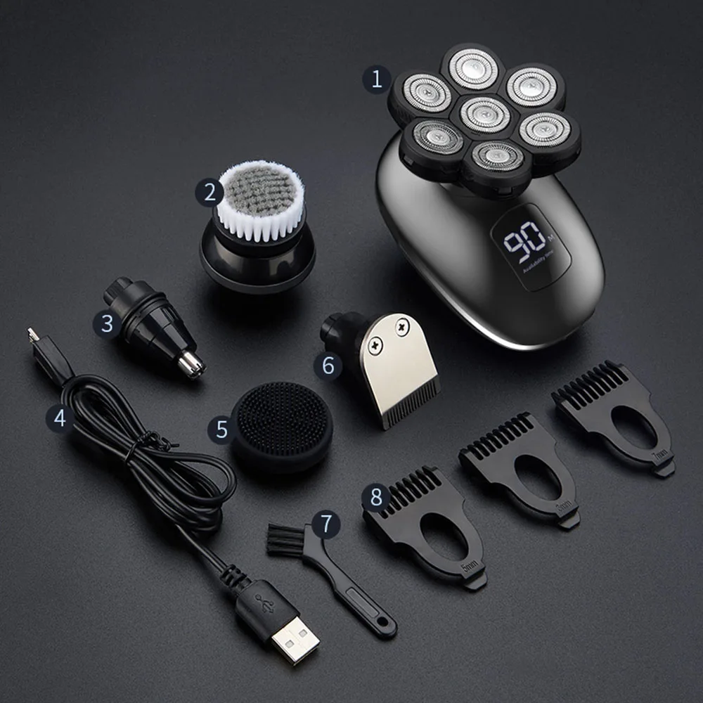 男性用7ヘッド電気シェーバー,コードレスusbシェーバー,あごひげと鼻の毛のクリーニングブラシ付きロータリーキット