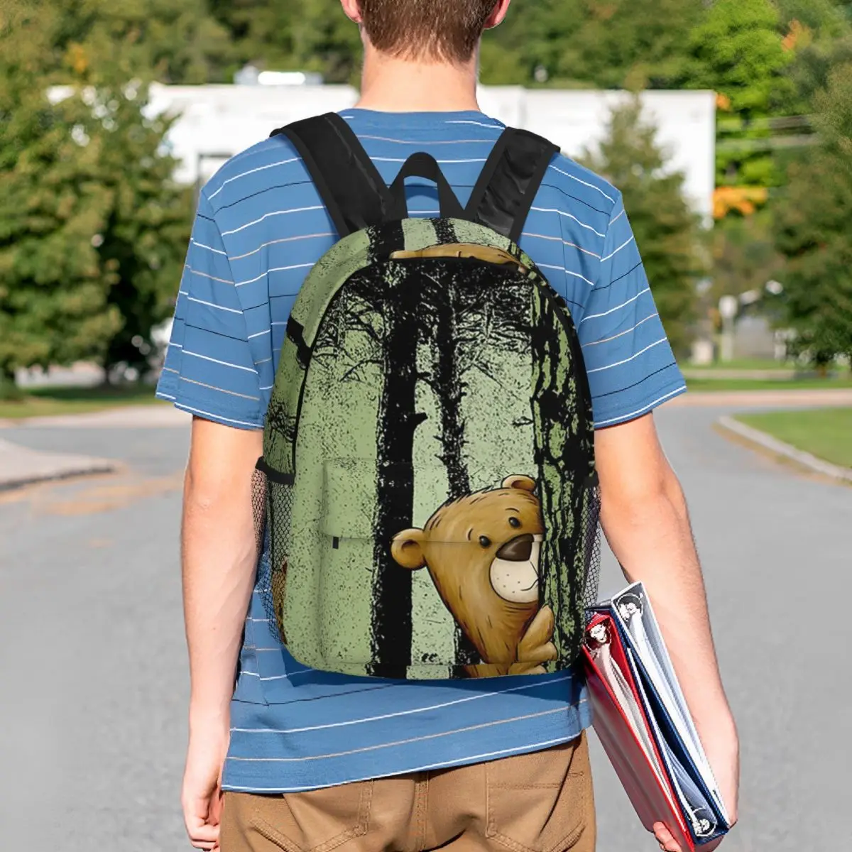 Cute Cartoon Bear Hiding In Twilight Forest Outdoor Backpack Student BookBag Kids School Bag Laptop Shoulder Bags for Boys Girls