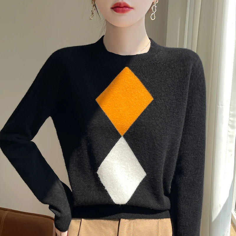 Fall/Winter 2024 New Fashion Women's Wear 100% Merino Wool Long Sleeve O-neck Pullover Sweater Geometric Knitted Jacket