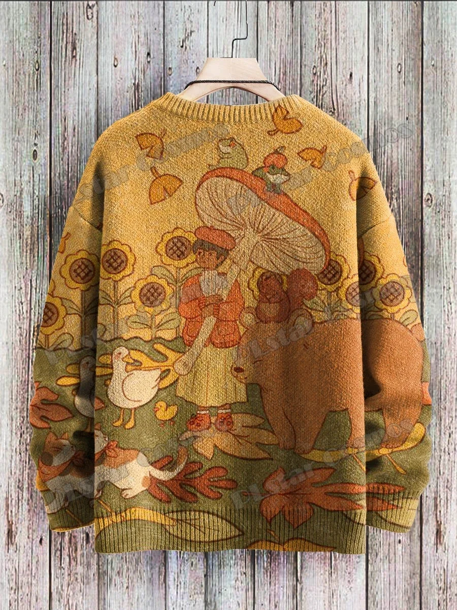 2024 Funny Animals Sunflower Mushroom Art Pattern 3D Printed Men's Knitted Pullover Winter Unisex Casual Knit Pullover Sweater