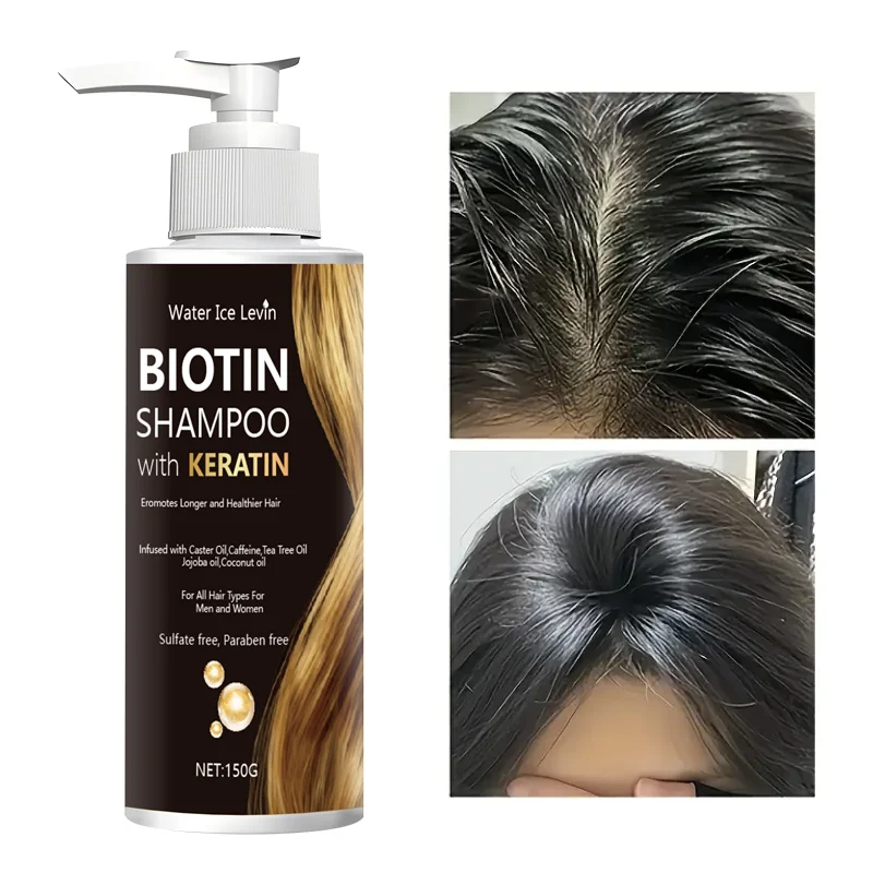 Shampoo de biotina e queratina Water Ice Levin, sem sulfato/parabenos, com óleos nutritivos, para cabelos mais saudáveis, todos os tipos de cabelo