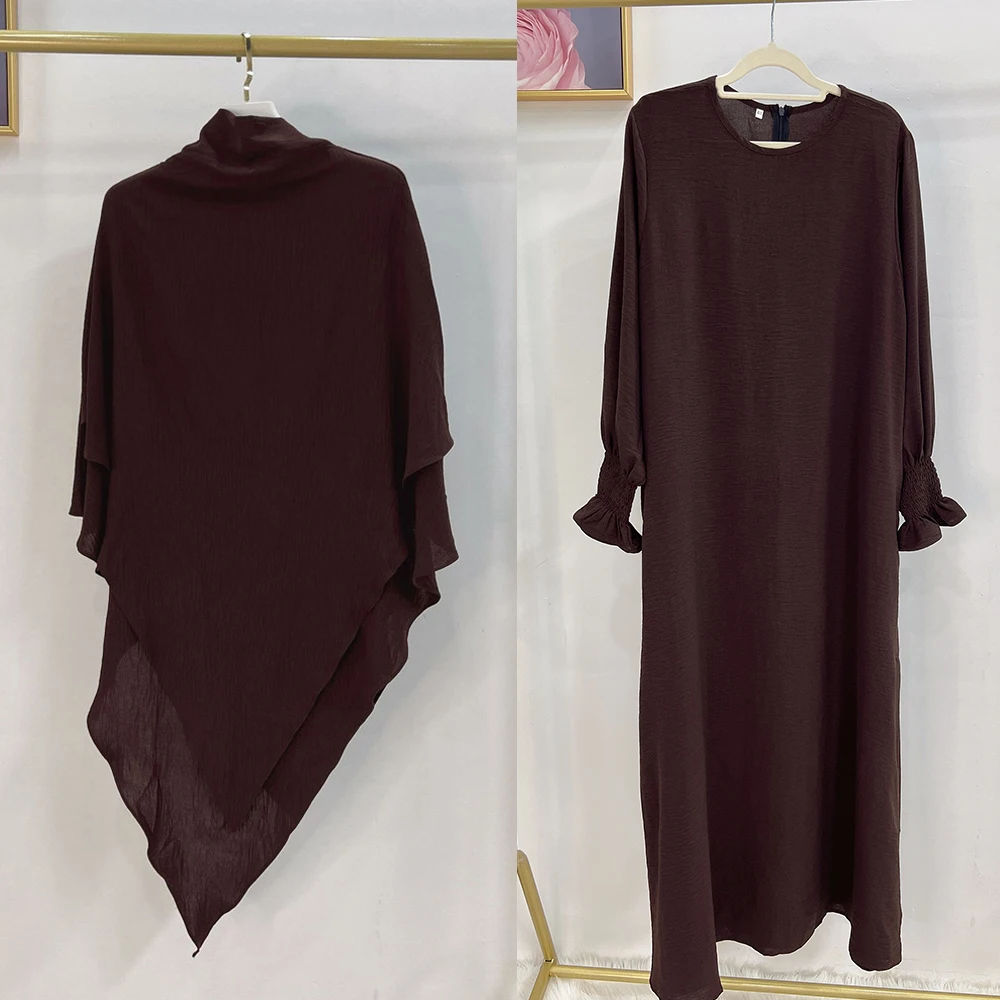 Imagem -06 - Vestido Abaya de Duas Camadas para Mulheres Muçulmanas Vestuário de Oração Crepe Khimar Lenço Hijab Roupa do Islã Roupas Dubai Eid Ramadan Conjunto de Peças