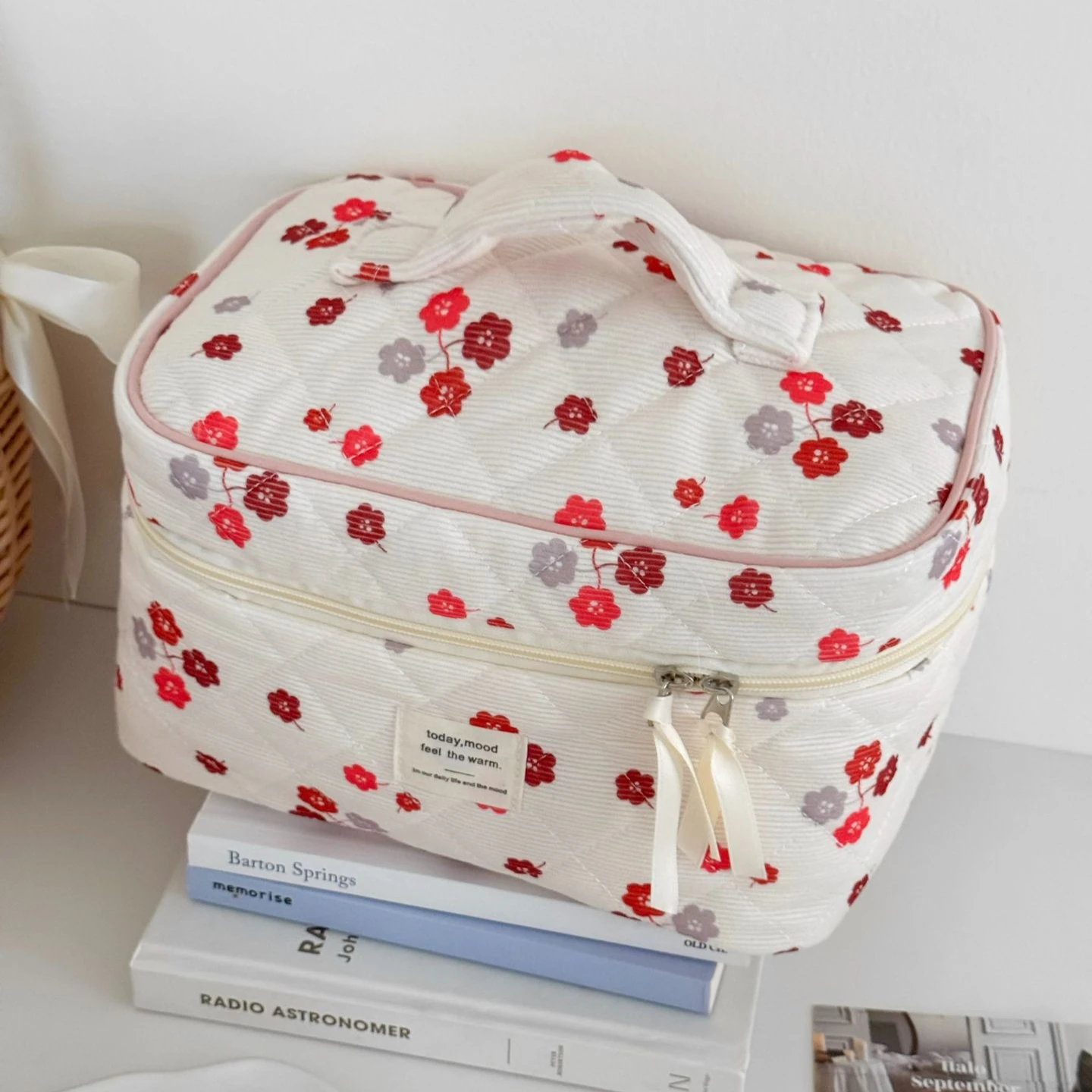 

Мягкие вельветовые женские косметички с красным цветком, дорожная портативная женская сумка для хранения, большая вместительная женская сумка для макияжа