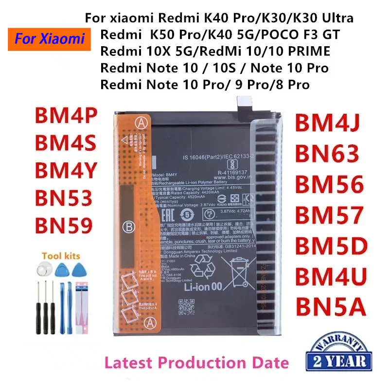 100% Orginal BM4P BM4S BM4Y BN53 BN59 BM4J BN63 BM56 BM57 BM5D BM4U BN5A Battery For Xiaomi Redmi K50 Pro/K40 5G/K40 Pro/K30