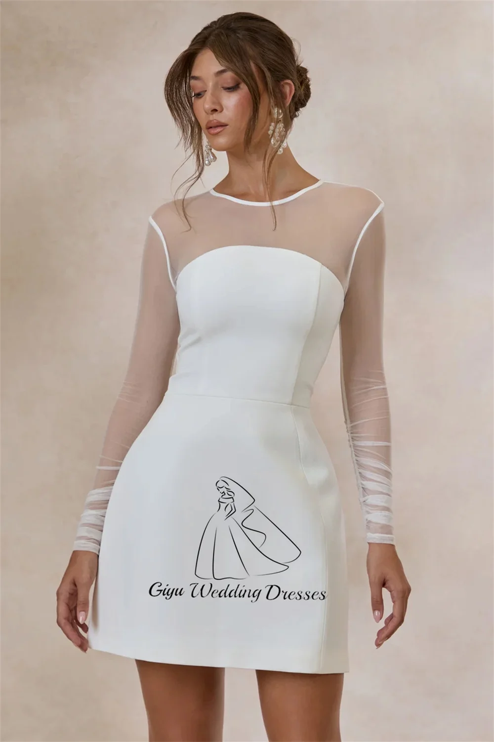 Giyu Mesh Long Sleeve Mini Wedding Dress Round Neck Illusion Neck Bodycon Short Bridal Dress Engagement Party Dress Customized