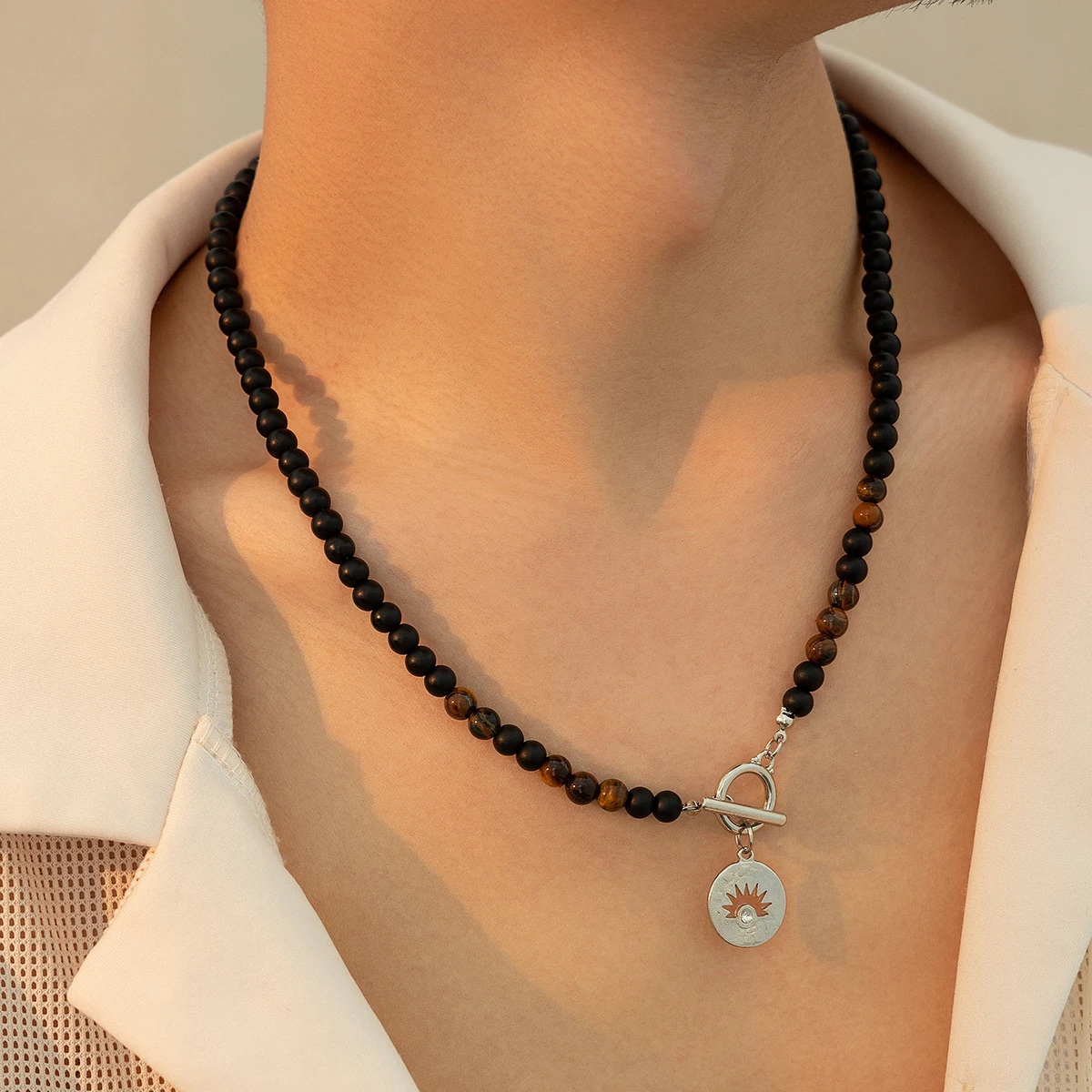 SHIXIN Natural Tiger Eye Stone Beaded Choker Necklace for Men Vintage OT Buckle Circular Eye Pendant Necklace Neck Accessories