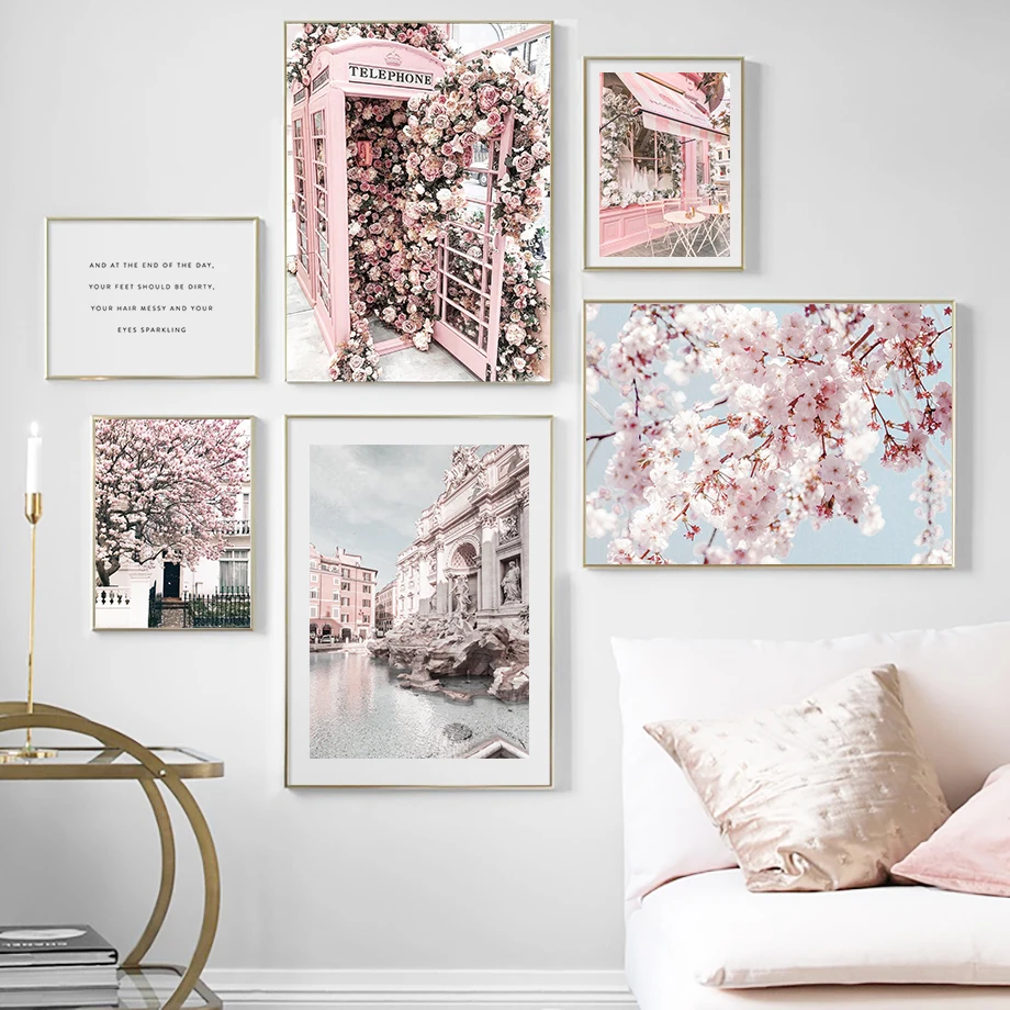 1pc Canvas painting  London Building Telephone Booth Rose Sakura Wall Art Canvas Painting Nordic Posters and Prints art Picture