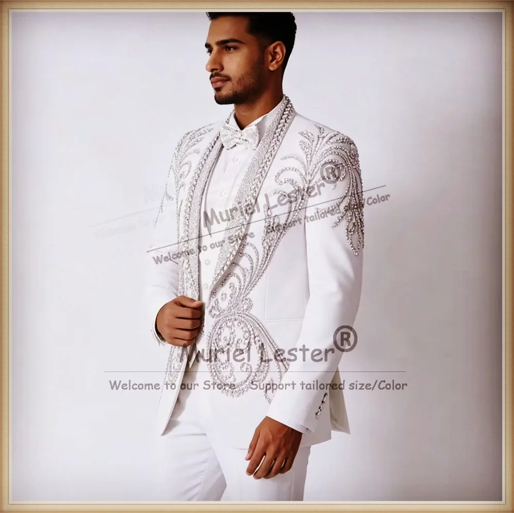 Exclusive Rhinestone Beaded Suits Men For Wedding Sparkly Sequins Label Prom Blazers Customized Groom Dinner Party Outfits Slim