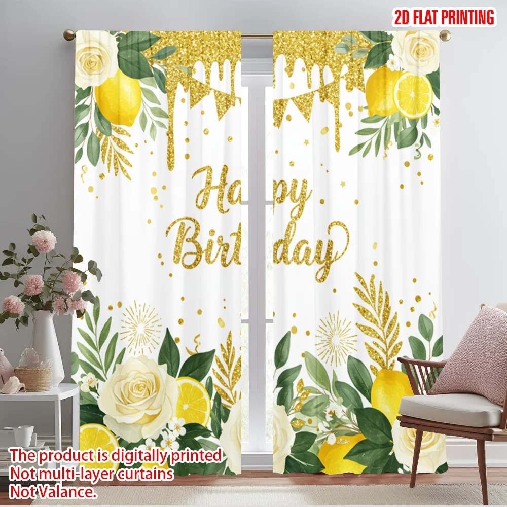 

2pcs 2D flat printing Curtain Lemon Flower Birthday 100% Polyester Fabric Without Electricity Seasonal Party & Holiday Decor Use