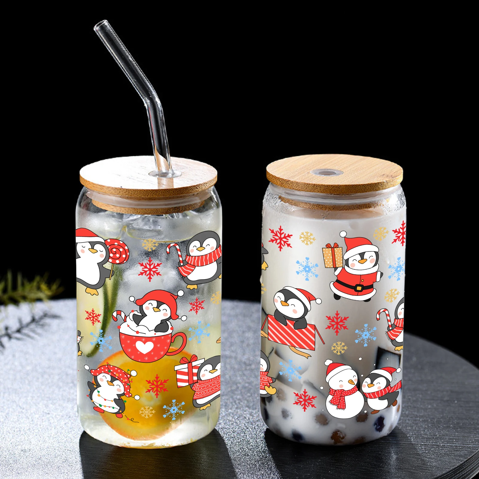 16oz Glas becher mit Bambus deckel & Traw Glas becher niedlichen Weihnachts pinguin gedruckt gefrorene heiße Kaffee gläser Tasse Geschenk Weihnachts geschenk