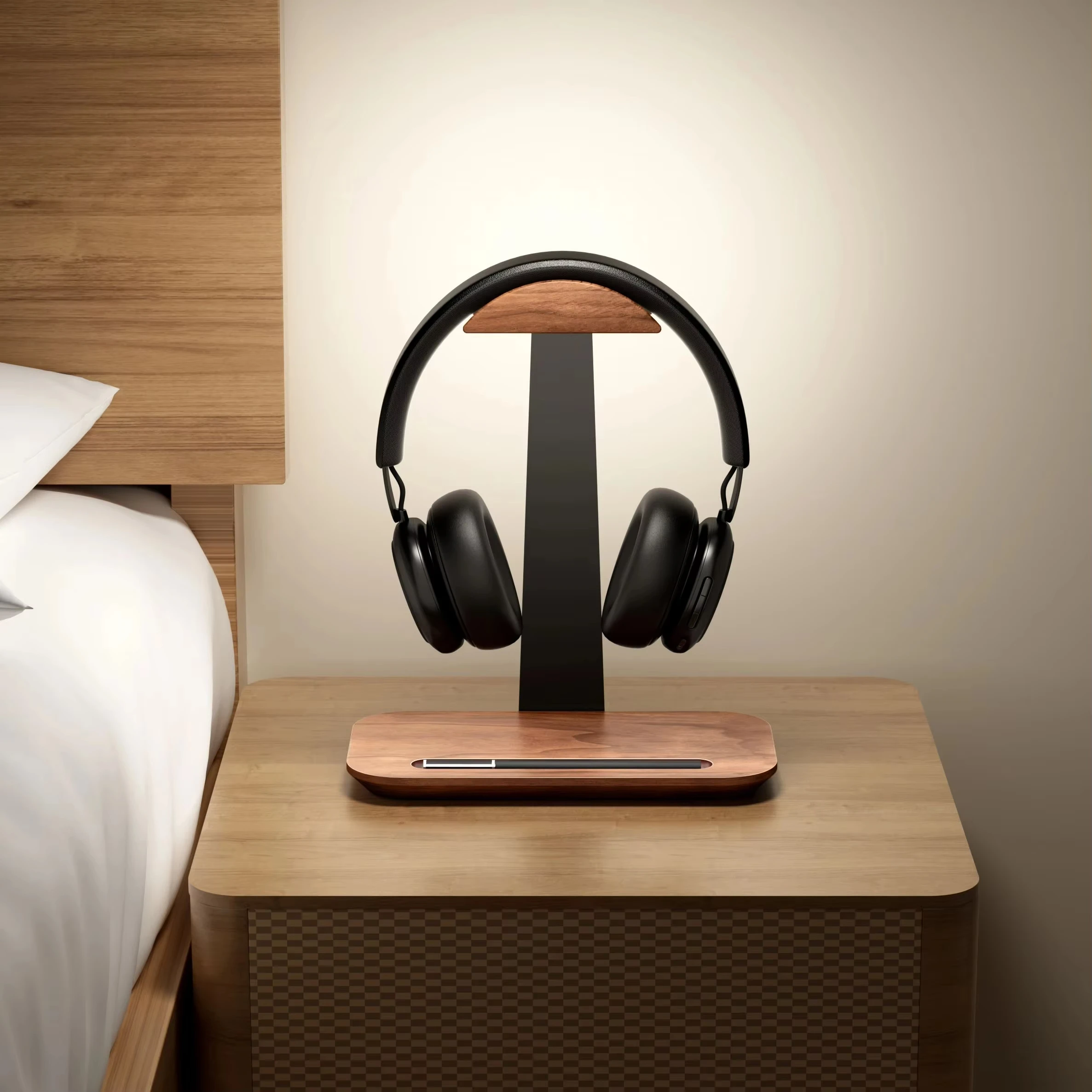 

Designer Style Wooden Universal Headphone Stand Aluminuim Alloy Headset Holder Aluminum Earphone Display with Pen slot