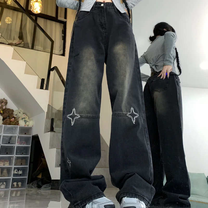 American Retro Star Embroidery High Waist Jeans Women Spring Loose Straight Leg Wide Pants