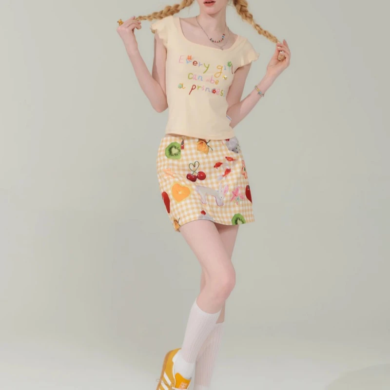 2025 Spring And Summer American Retro Women's Short Skirt Design Sense Niche Fruit Print Yellow High Waist Thin Versatile Skirts