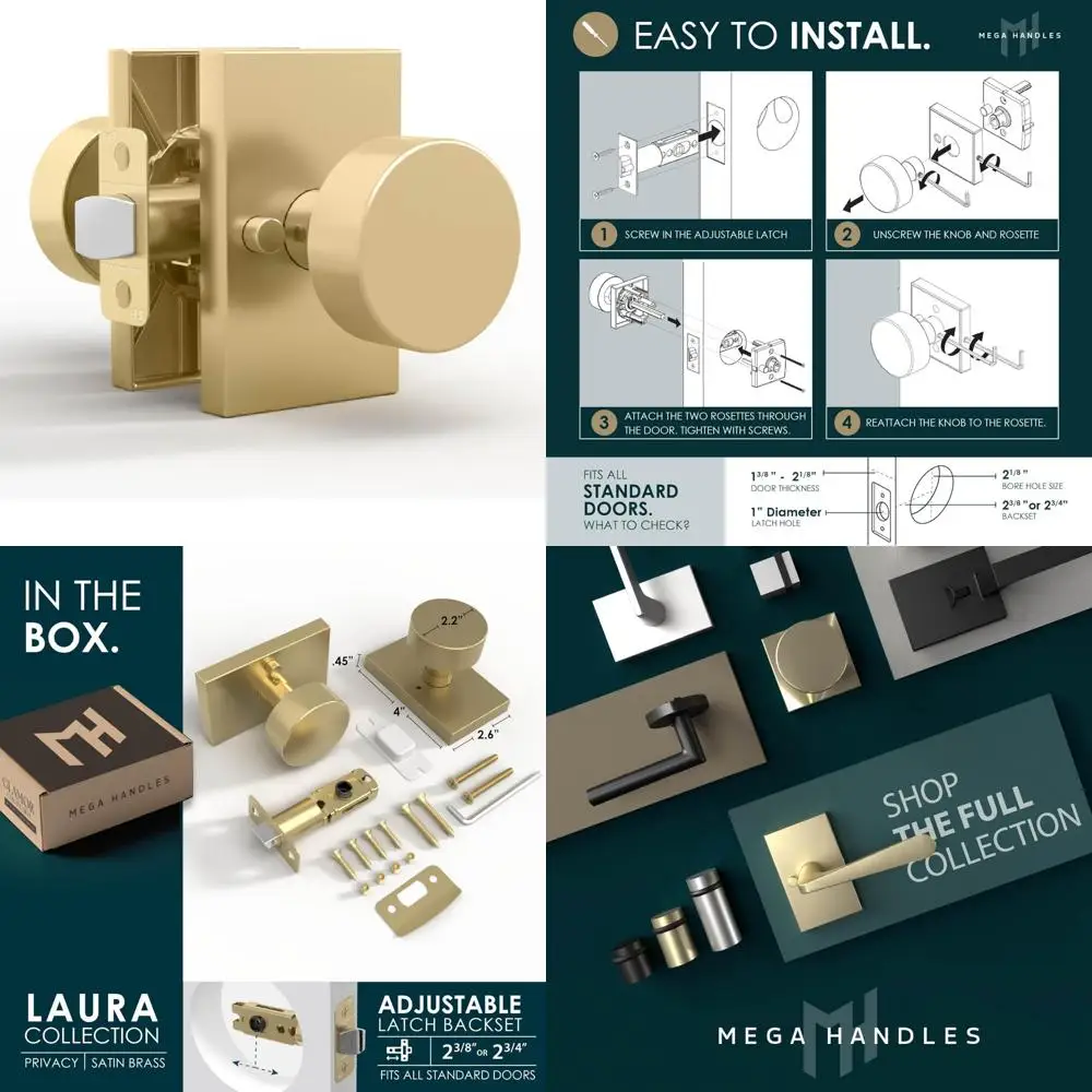 مجموعة مقابض باب داخلية ذهبية قابلة للعكس - مقابض أبواب خصوصية شديدة التحمل للسرير والحمام، عبوة واحدة