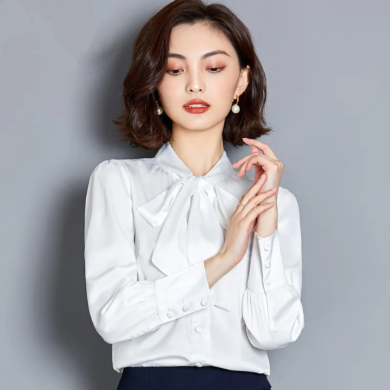 Real Silk Fashion Bow Tie Blouses Women Spring Autumn Long Sleeve Satin Shirt Korean Chic Solid Tops Office Lady Work Wear XXXL