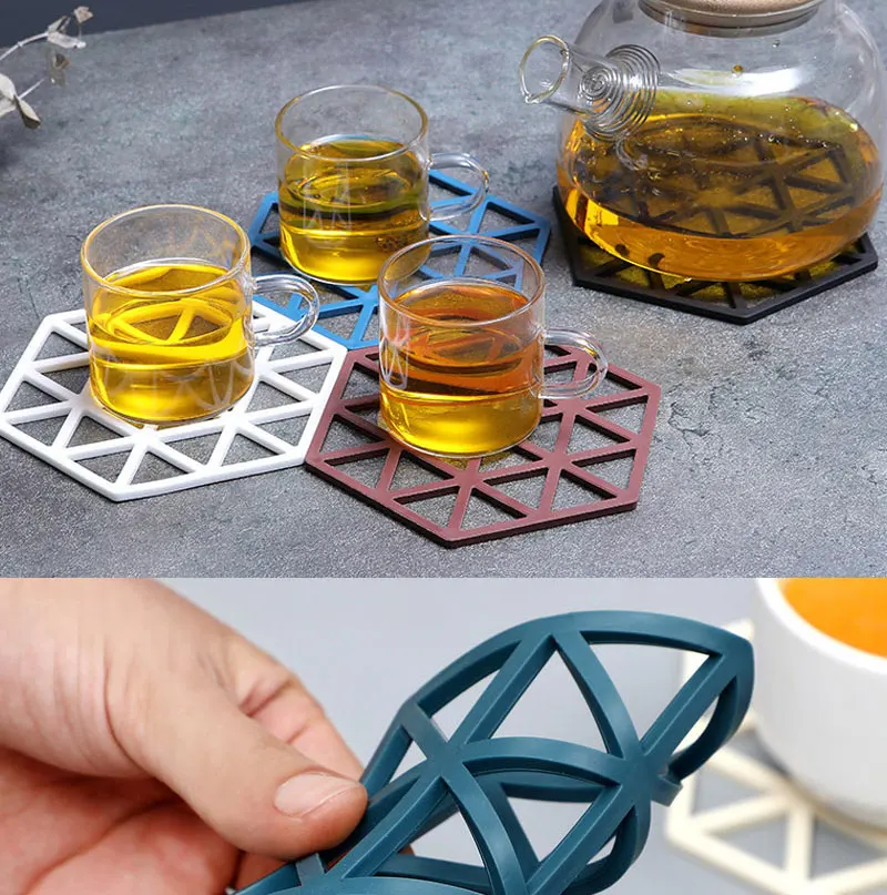 Hohl Solide Anti Slip Isolierung Silikon Matte Untersetzer Lebensmittel Grade Material Tischset Tisch Hexagon Tasse Matte Haushalt – Detail 8