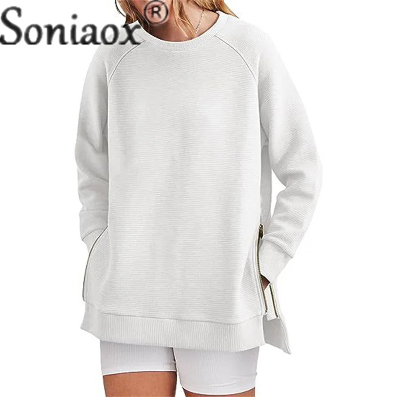 Moletom feminino com zíper lateral, bainha de emenda, pulôver espesso com gola redonda, moletom feminino casual solto manga longa, casaco feminino,