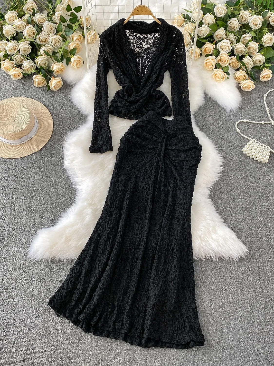 

Summer Women Sexy Two Piece Set Beige/Black Deep V-Neck Long Sleeve Tops + High Waist Long Skirt Suit Beach Vacation New Fashion