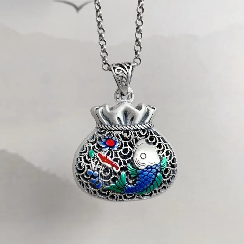 925 Silver Enamel Hollow Out Chinese Style Necklace for Women Cloisonne Blue Carp Purse Pendant Ruyi Chain Classic Jewelry