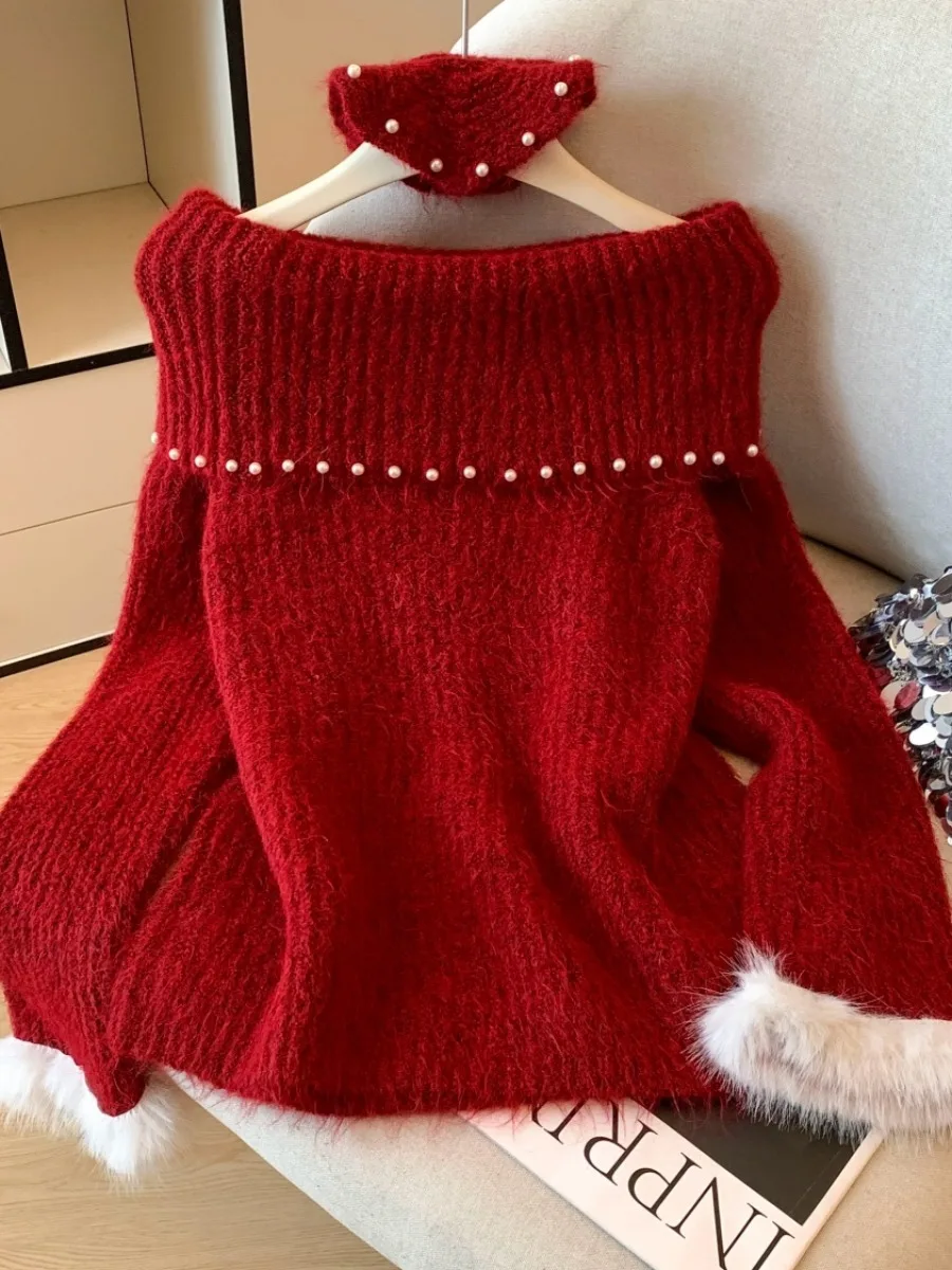 เสื้อไหมพรมถักแบบเปิดไหล่ข้างเดียวสำหรับผู้หญิง ทรงหลวม สไตล์เกาหลี สำหรับฤดูใบไม้ร่วงและฤดูหนาว ดีไซน์ปลายแขนขนฟู