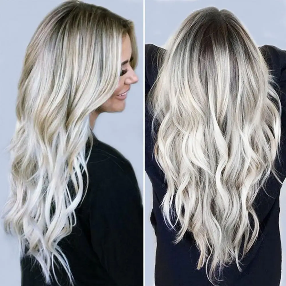 Blonde Platina Pruik Voor Vrouwen Lang Krullend Synthetisch Haar Met Pony Wave Pruiken Met Donkere Wortels