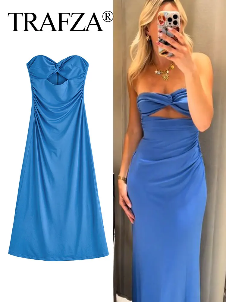 

TRAFZA Summer Women's Sexy Party Tube Midi Dress Sleeveless Backless Strapless Hopllow Out Back Zipper Pleated Vintage Dresses