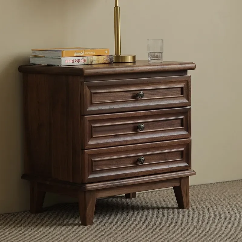 for American Solid Wood Bedside Table Black Walnut Nightstand Modern Simple Storage Cabinet Medieval Style Bedroom Furniture