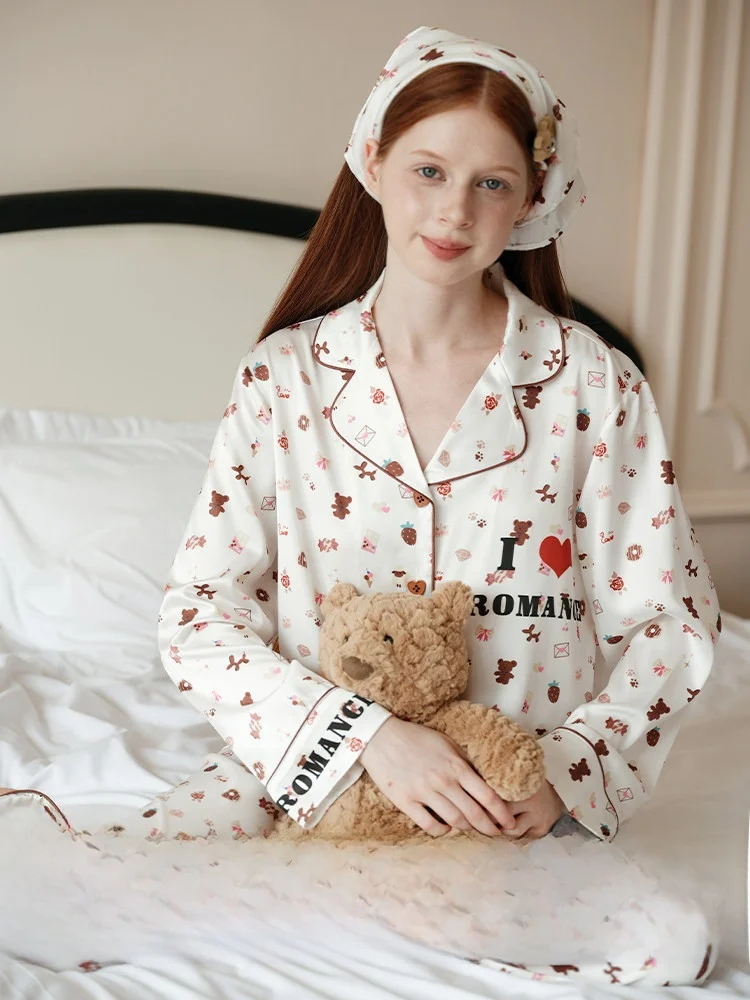 

RooMance Youth Sleepwear Ice Silk Home Clothes Set Women's Summer Outwear Floral Print Loose Fit Long Sleeve Pajamas Set