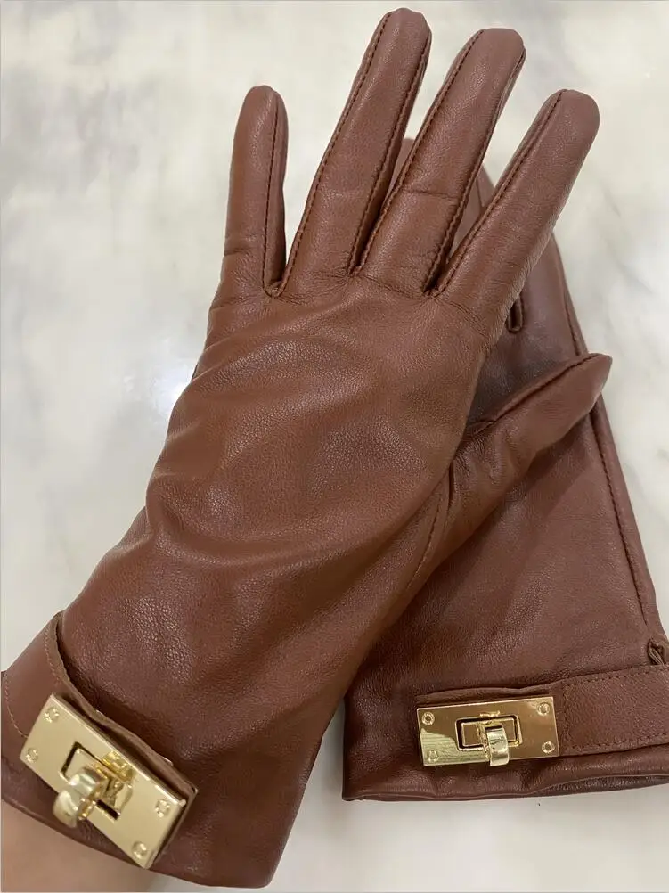 Women\'s Natural Sheepskin Leather Buckle Glove Female Fashion Genuine Leather Driving Glove R431