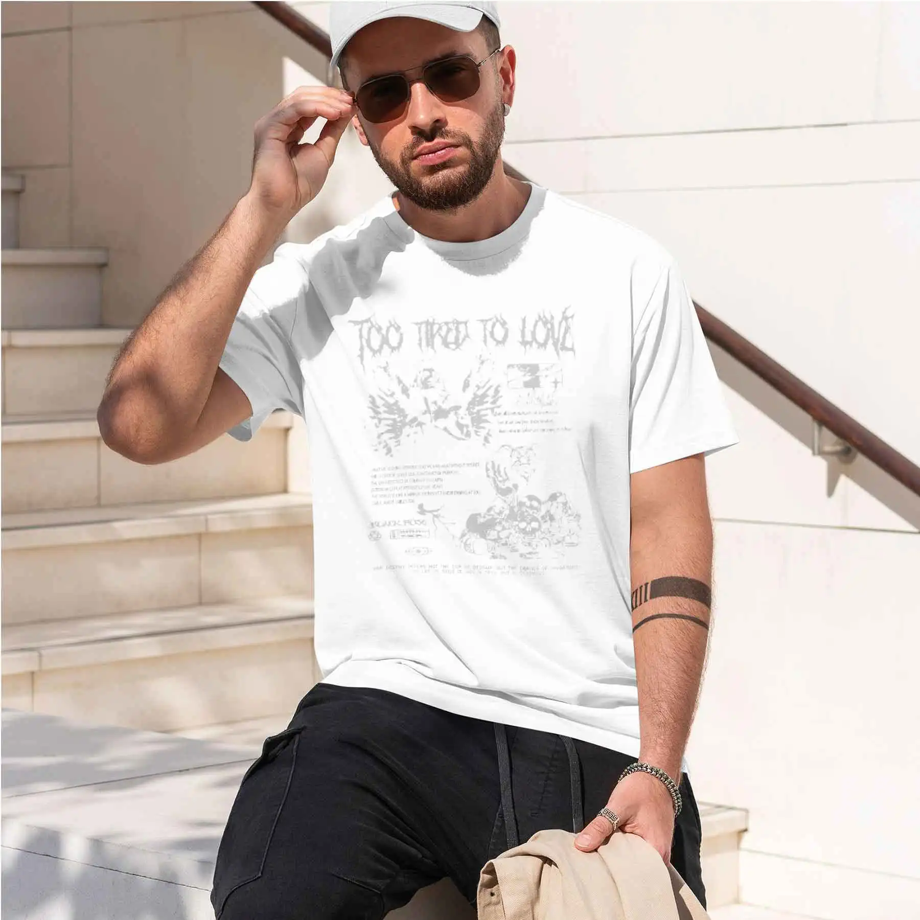 new printed T-shirt printed with  Men's Dark Style Too Tired To Love Print T-shirt Subculture Street Trendy Loose Casual Top