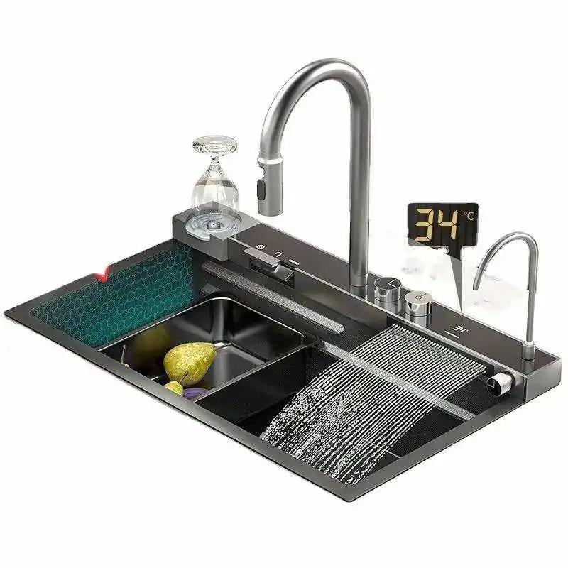 Deao Stainless Steel 304 top sale Kitchen Sinks Multifunctional Big Single Bowl Kitchen Sink Smart Rainfall Kitchen Sink Faucet