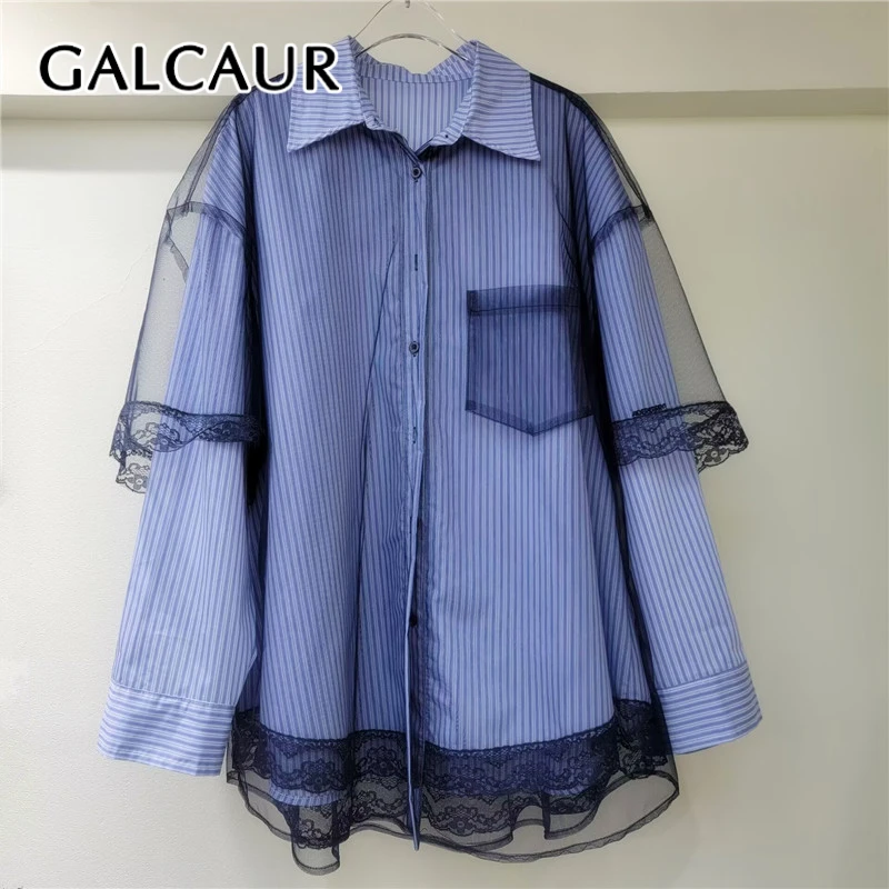 

GALCAUR Лоскутная сетчатая полосатая рубашка для женщин с лацканами и длинными рукавами, однобортные, искусственные рубашки из двух предметов, женская мода