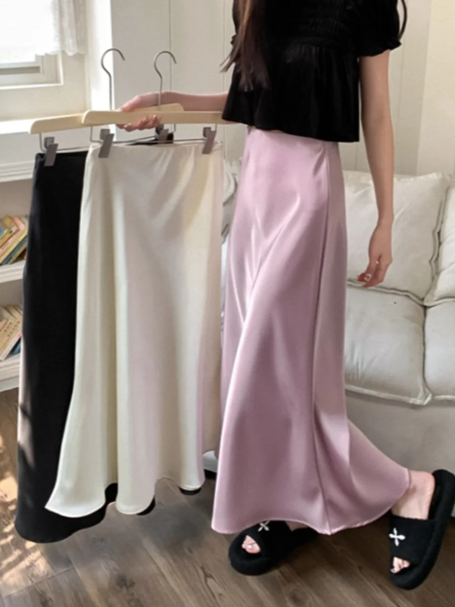 High-Grade Silky Satin Drape Skirt for Women Summer 2024 New Champagne Apricot High Waist Slimming Fishtail Long dress