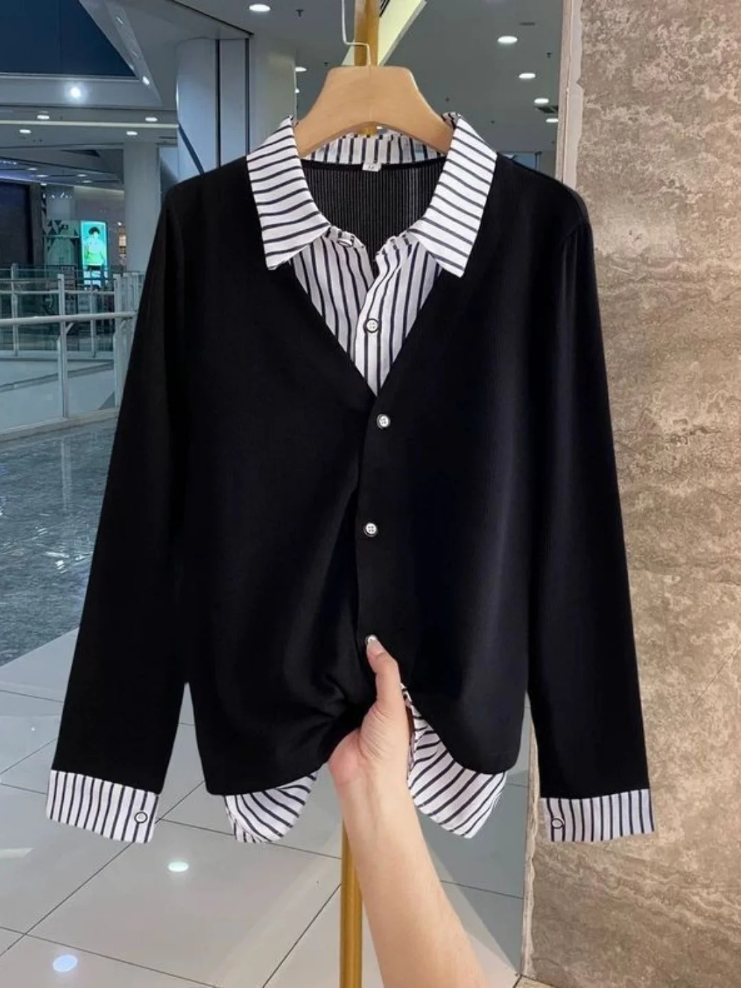 

Осень-зима, женский топ больших размеров Ne Splice Fake из двух частей, длинный топ для похудения, модный топ из смеси хлопка для поездок на работу