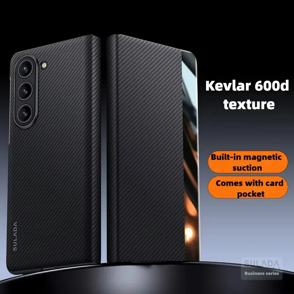 Inteligentne etui na telefon z włókna węglowego z magnetycznym mocowaniem i uchwytem na karty, skórzane etui na Samsung Galaxy Z Fold 7 6 5 4 5G Flip — zdjęcie produktu 3