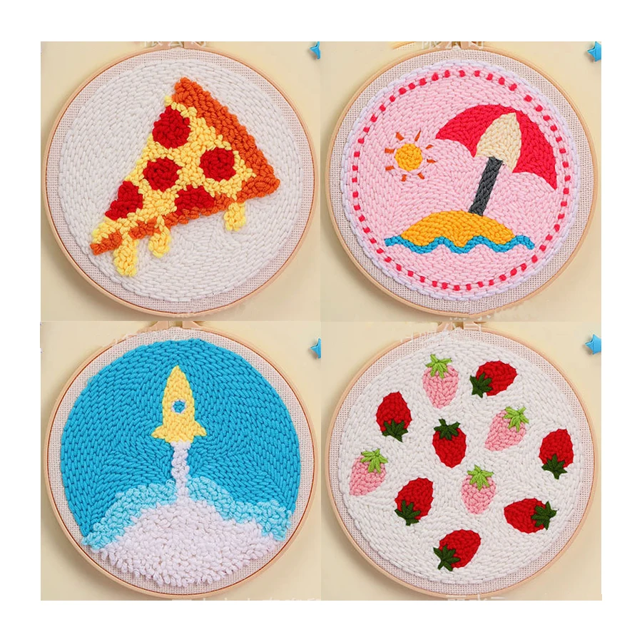 Cartoon Pizza Lemon 8-ply Yarn Punch Needle Embroidery Kit for Beginners Handmade Embroidery Stitch Painting Home Decor