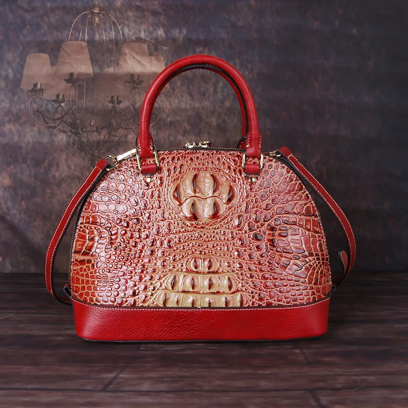 Alligator Pattern Genuine Leather Handbag Woman Shell Cow Leather Tote Bag Red Ladies Cowhide Shoulder or Crossbody Bag