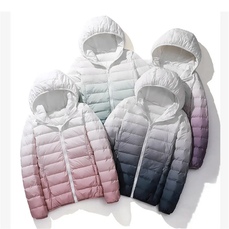 

2023 Autumn Winter Gradient Hooded Down Coat Women Warm Ultra Light White Duck Down Jacket Ladies Short Oversize Parkas Outwears