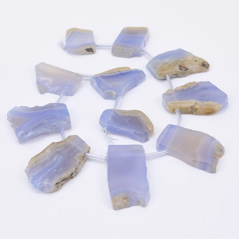 APDGG Large Size Natural Blue Lace Agate Raw Top Drilled Slice Loose Pendant Beads 16'' Strand