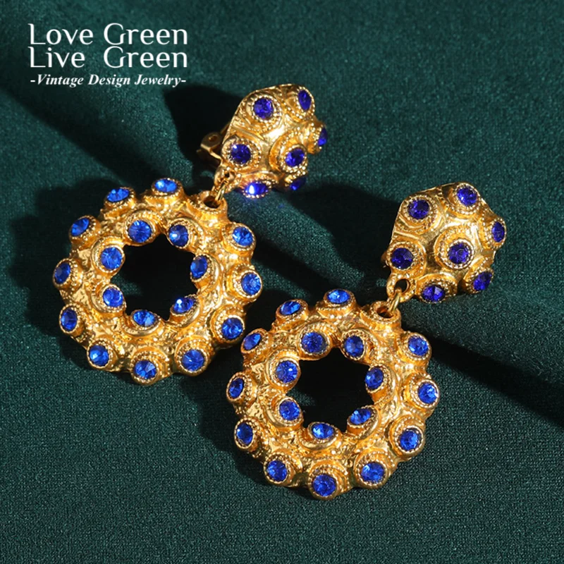 

Vintage Large Earrings Gold Color Big Circle Blue Crystal Dangle Drop Round Hollow Jewelry Designer Luxury Woman Party 2025 New