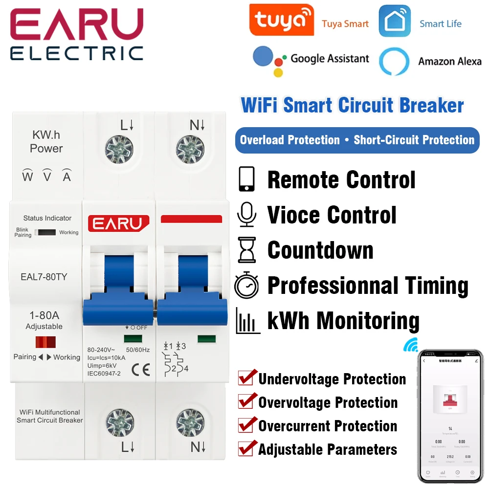 Tuya WiFi Smart Circuit Breaker MCB 80A AC 230V Over/Under-Voltage Protection Short-Circuit/Overload Protection Energy Metering