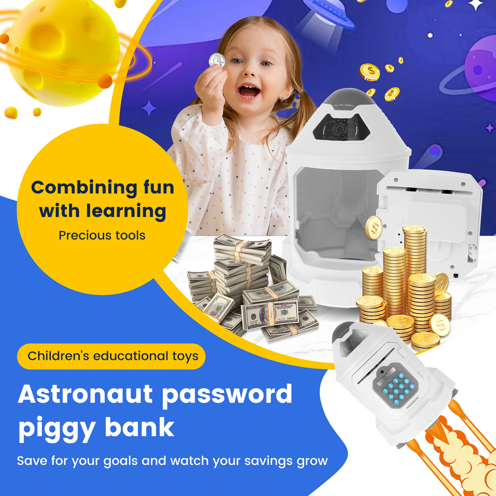 Electronic Piggy Bank with Password and Face ID Simulation Rocket Shaped ATM Piggy Bank Auto Bill Slot Educational Kids Gifts