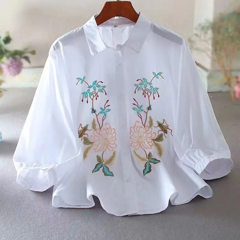 Vintage Embroidery Loose Blouse Summer New 3/4 Sleeve Polo Neck Solid Striped White Shirt Tops Casual Fashion Women Clothing