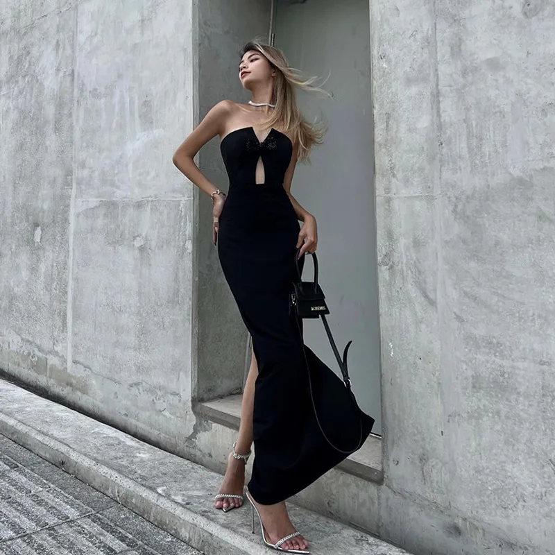 

Bow Cut Out Summer One-piece Dress Strapless Maxi Dress Party Dresses Outfits Backless Sexy Dress Split Long Dress Gown Black