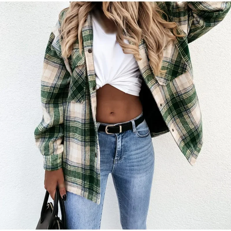 

2023 Autumn/Winter Long Sleeve Top Plaid Printed Single Breasted Pocket Top New Warm Plaid Clothes Ladies Casual Loose Clothes