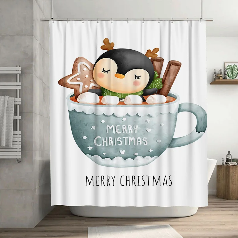 

Tuniu Cozy Christmas Cabin Mug Bathroom Shower Curtain Festive Holiday Decor Cute Funny Waterproof Fabric Home Decor Set