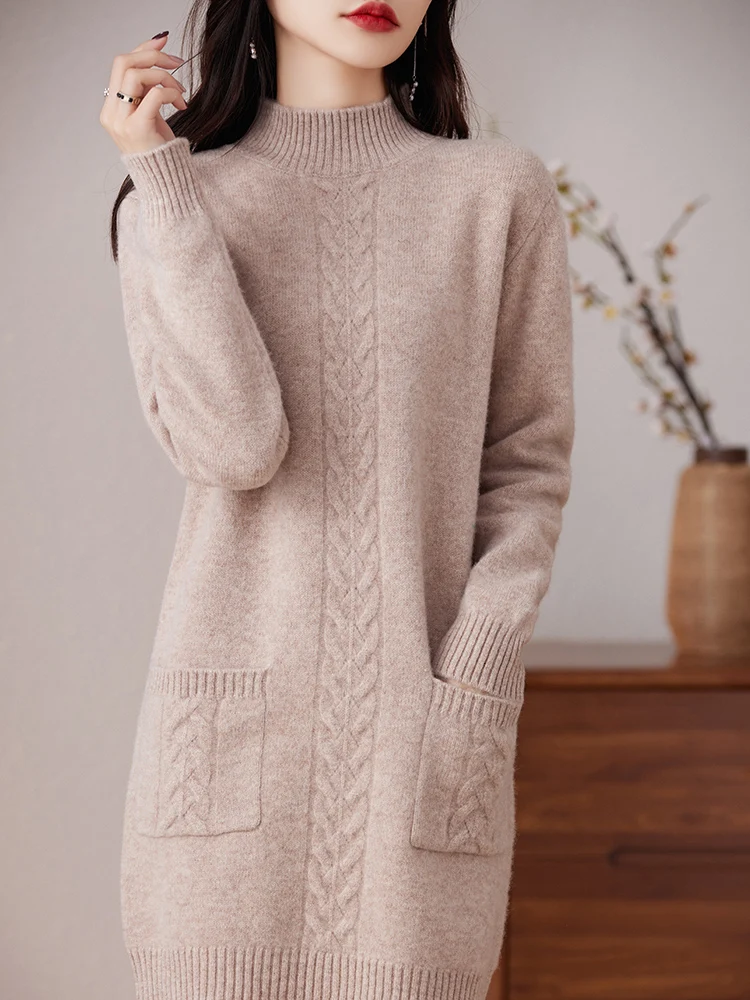 Light Luxury 100% Merino Wool Autumn Winter Women Long Sleeve Mock-neck Dress Soft Casual Cashmere Knitted Women Sweater Dress