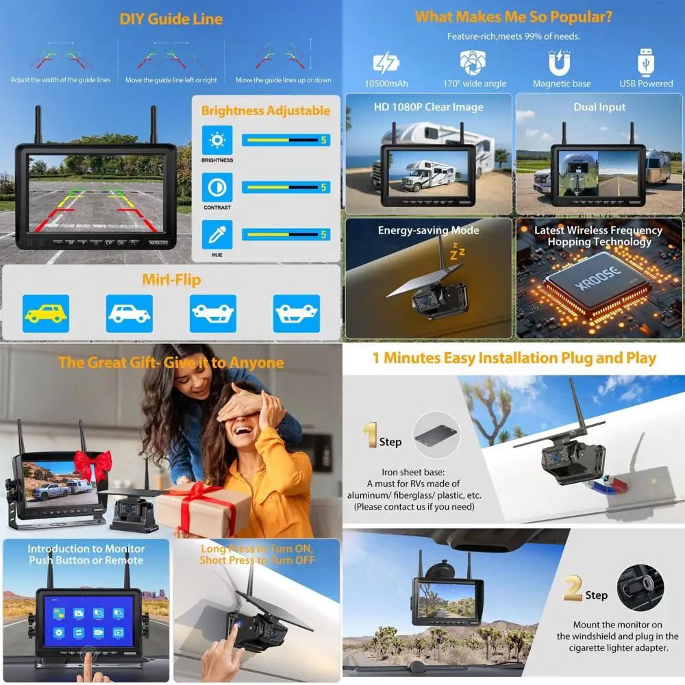 7" Magnetic Solar Wireless Backup Camera for Truck 1 Mins DIY Installation RV Backup Camera HD 1080P Rear View Camera with 18 LE