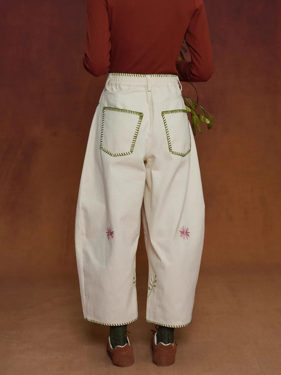 السيدات الصبار المطرزة عالية الخصر واسعة الساق السراويل الخريف