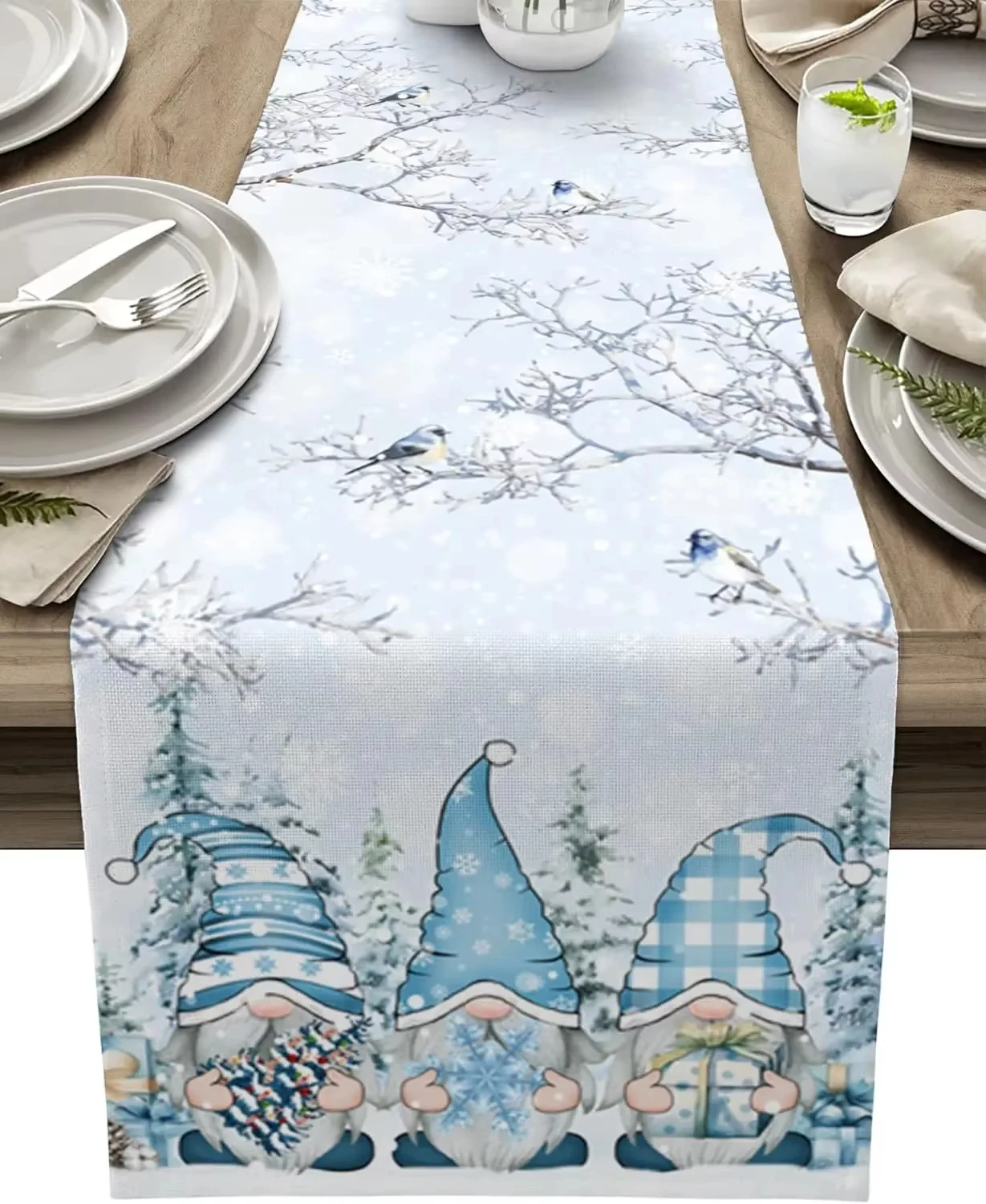 Christmas Gnome Snowflake Table Runner, Linen Dresser Scarf with Branch Bird Design for Kitchen Table Winter Decor